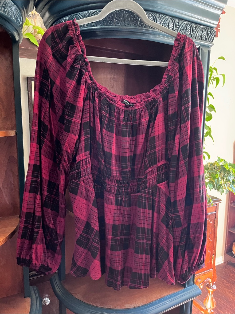torrid Red and Black Plaid Off-Shoulder Plaid Top